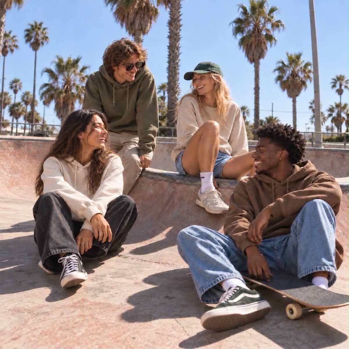 Group of friends wearing custom hoodies