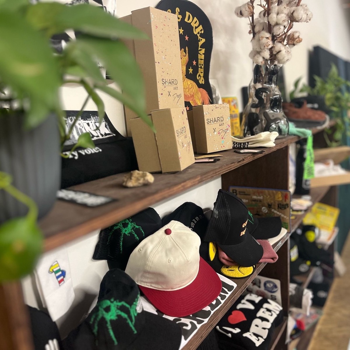 Shelf with caps and boxes in the showroom